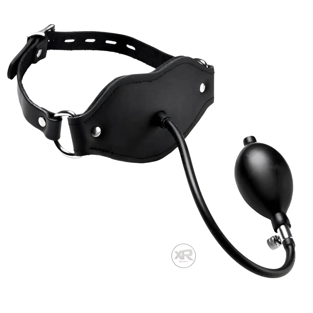 Master Series black leather locking mouth gag with an inflatable pump bulb, connected by a black tube.