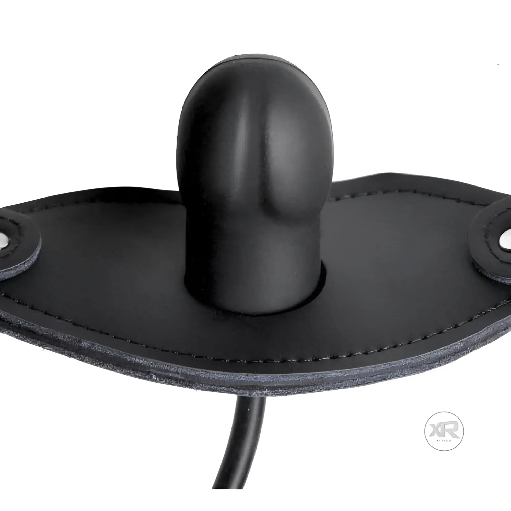Master Series Locking Penis Pump Gag: A matte black silicone phallic-shaped plug centered on a black leather-style strap.