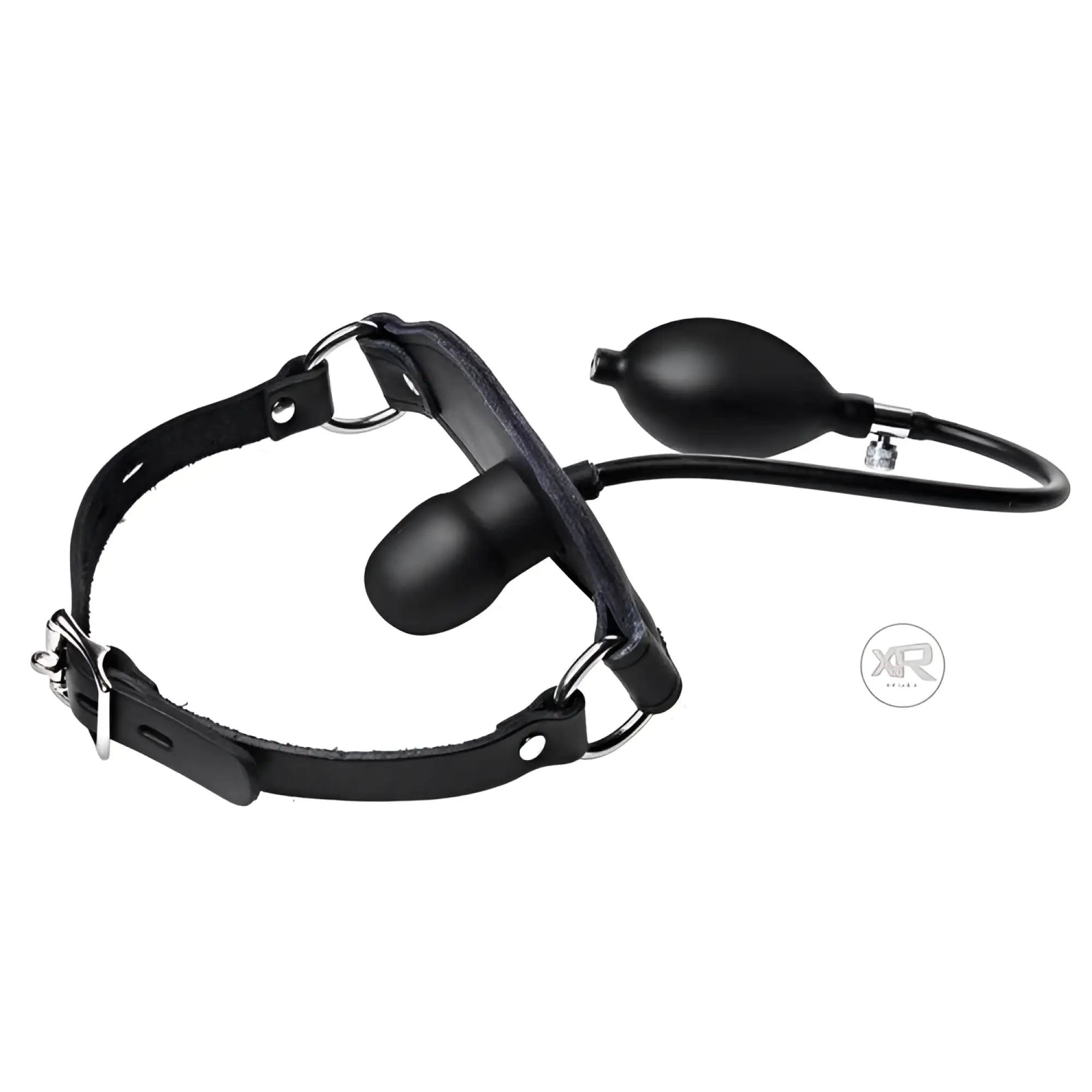 Master Series black leather locking penis pump gag with an inflatable bulb, metal buckles, and adjustable strap.
