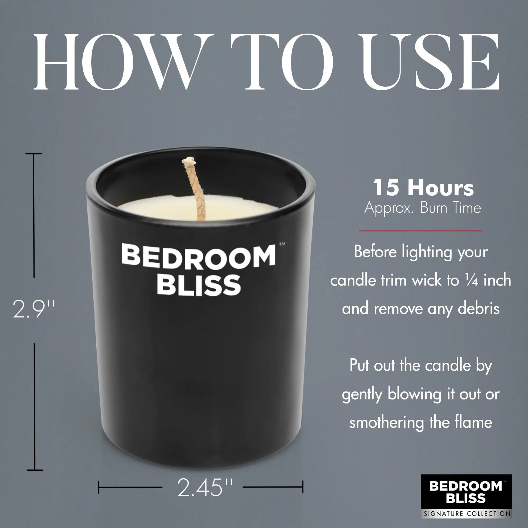 Master Series Lover's Vanilla Massage Candle in a black glass jar with white text, showing usage instructions and size.