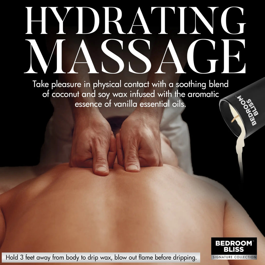 Master Series Lover's Vanilla Massage Candle: Hands massaging a back with warm wax pouring from a black candle tin.