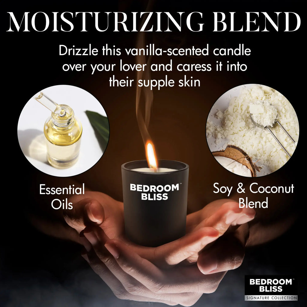 Master Series Lover's Vanilla Massage Candle in a black jar, held in hands, with essential oils and soy/coconut blend.