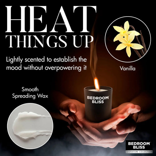 Master Series Lover's Vanilla Massage Candle in a black jar, held in hands, with vanilla flower and wax texture insets.