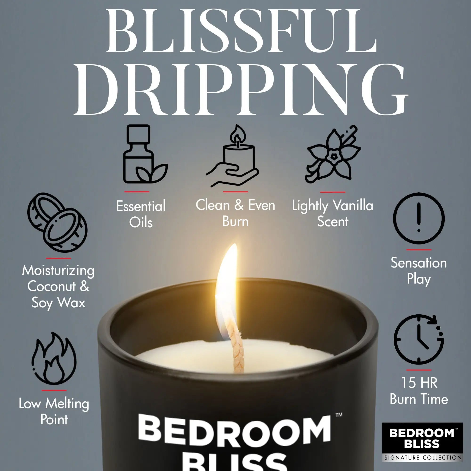 Master Series Lover's Vanilla Massage Candle in a black jar with a lit wick, surrounded by icons highlighting features.