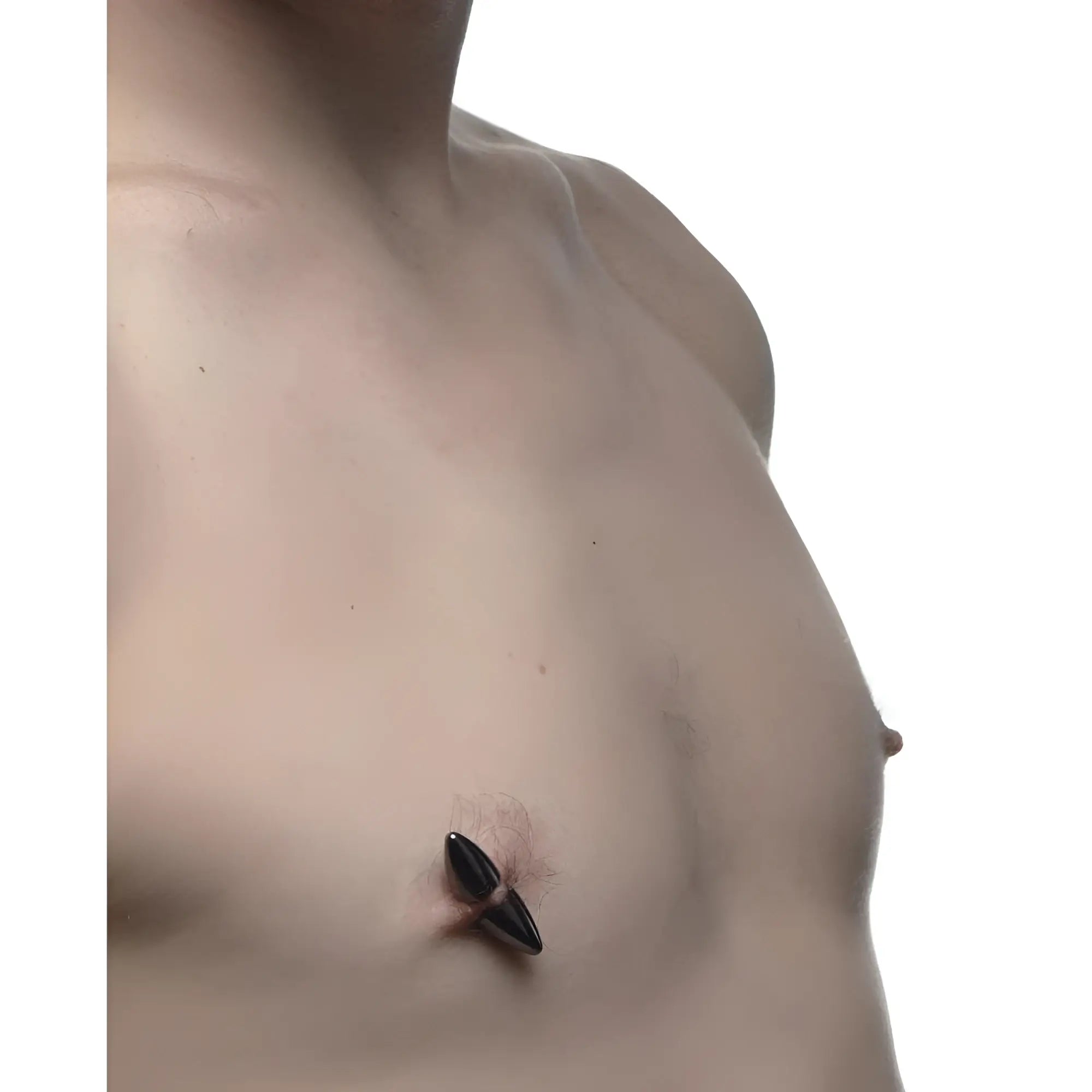Master Series Mag-Points: A person wearing sleek, glossy black magnetic clamps on their nipple.