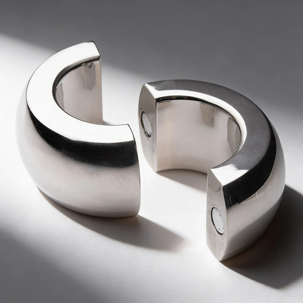 Master Series Magnet Master: Two polished, silver-toned stainless steel semi-circular pieces with visible magnets.