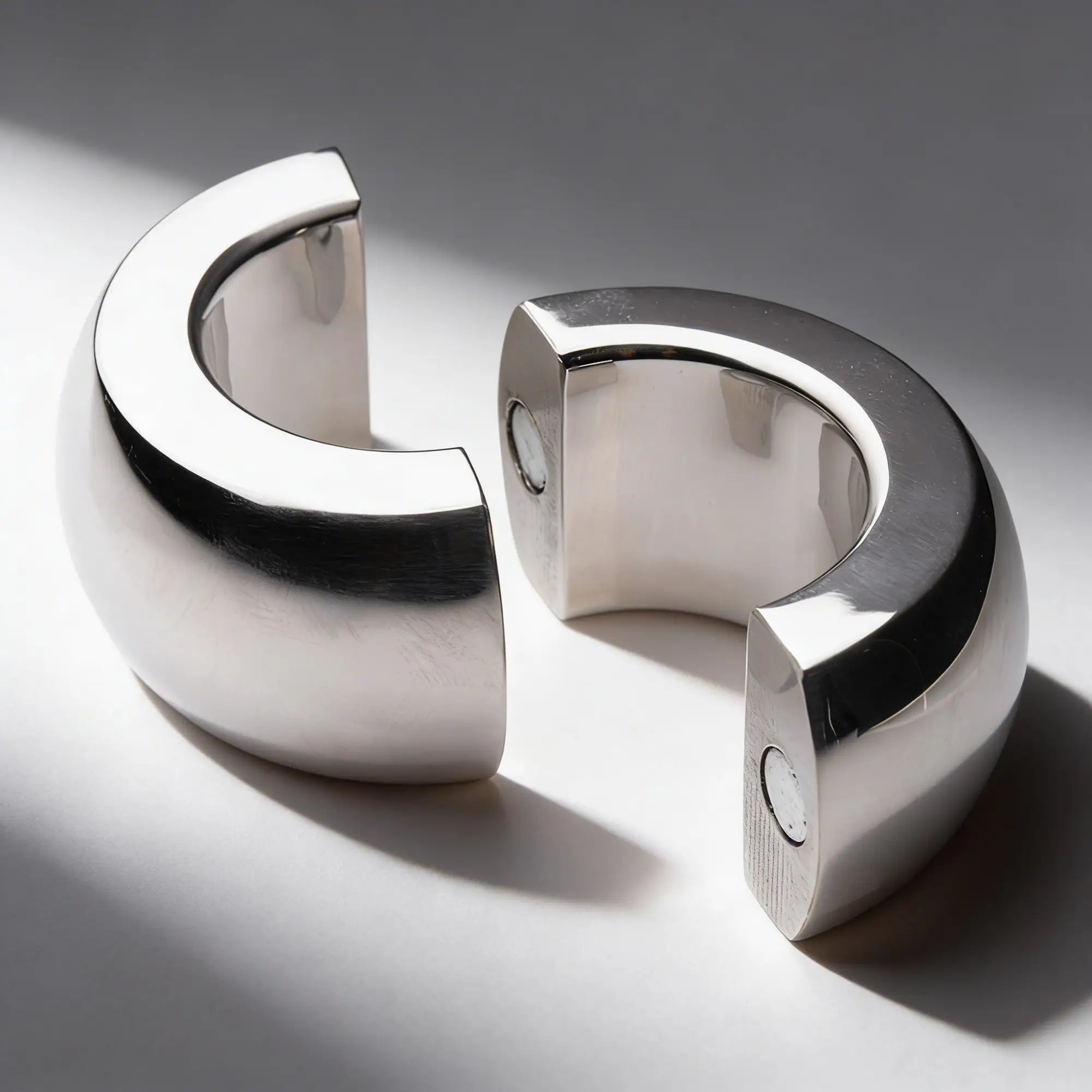 Master Series Magnet Master: Two polished, silver-toned stainless steel semi-circular pieces with visible magnets.