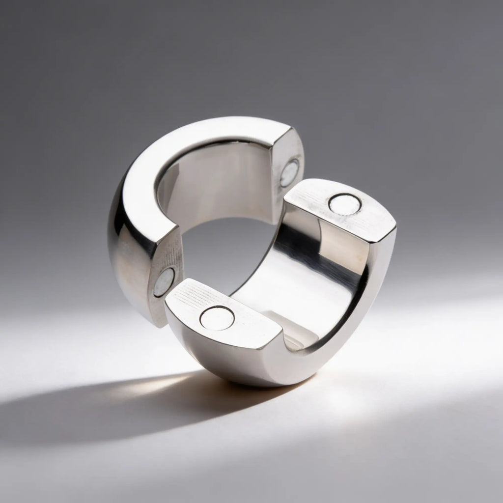 Master Series Magnet Master ball stretcher: a polished, two-piece stainless steel ring with visible magnetic connectors.