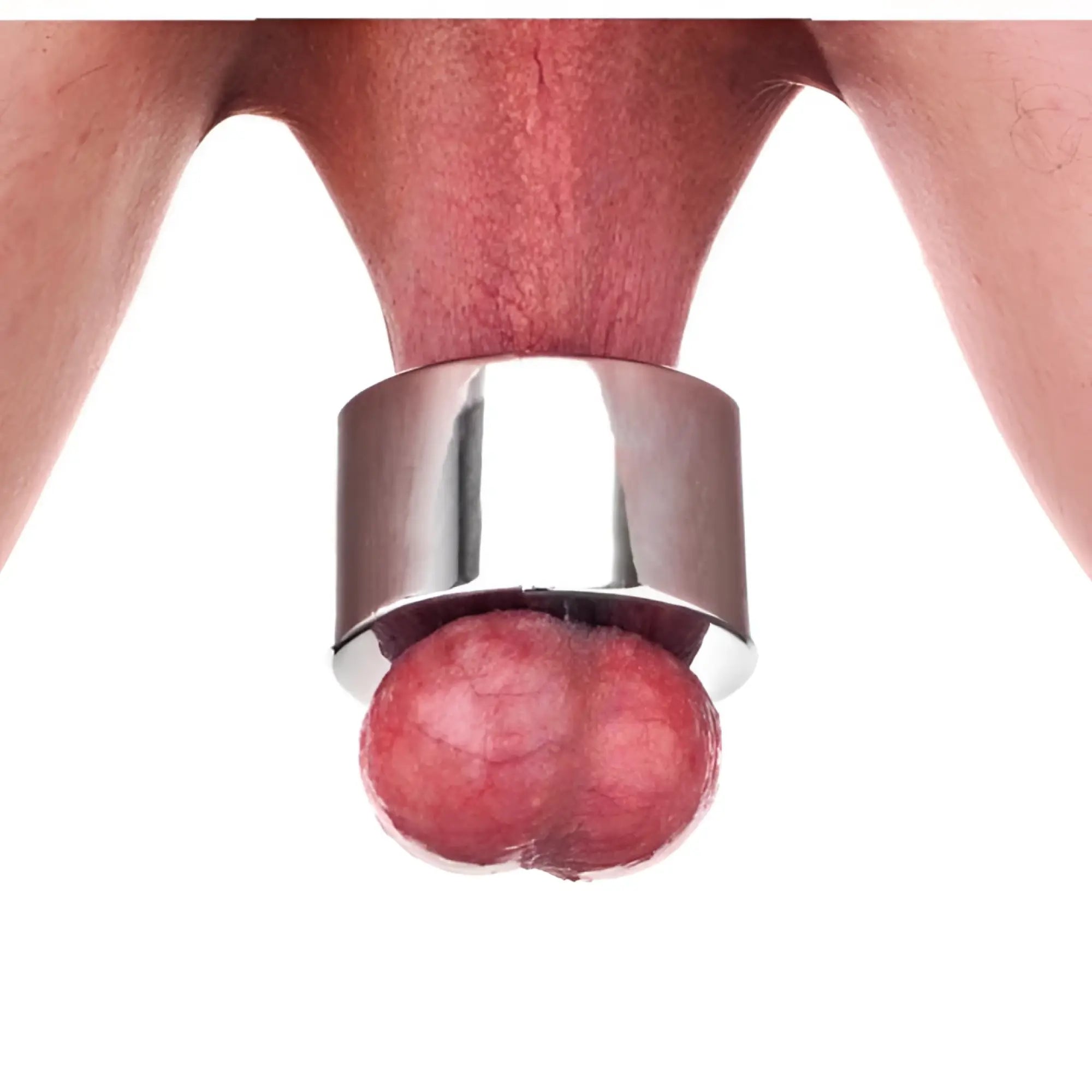 Master Series 40mm magnetic stainless steel ball stretcher worn on testicles. Shiny silver metal band style.