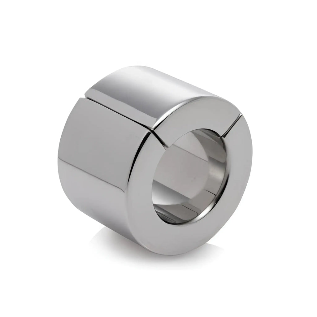 Master Series 40mm magnetic ball stretcher in polished silver stainless steel, shown as a cylindrical two-part ring.