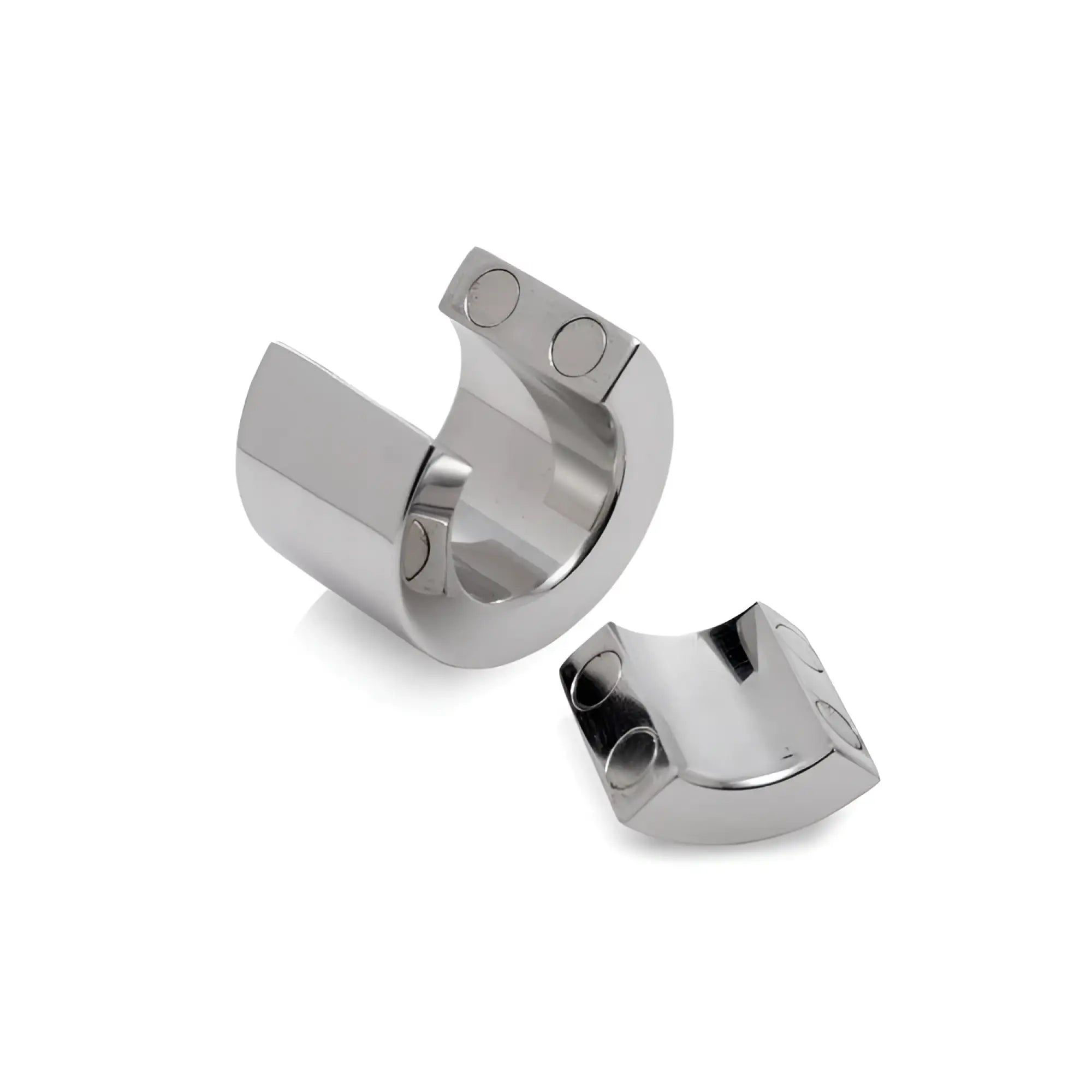 Master Series 40mm magnetic stainless steel ball stretcher, shown as two polished silver, curved interlocking pieces.