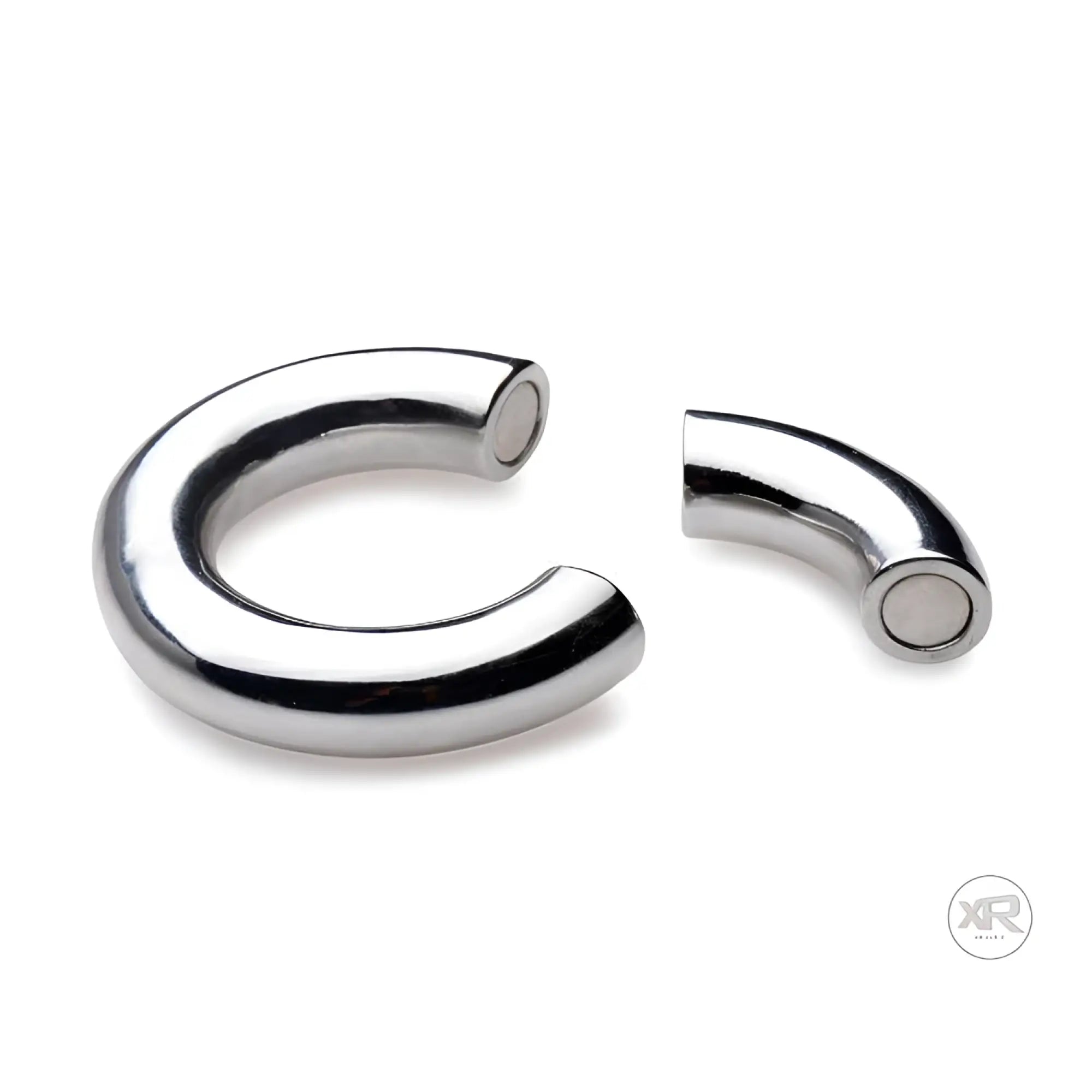 Master Series Magnetize: Silver-toned, stainless steel curved magnetic ball stretcher separated into two pieces.