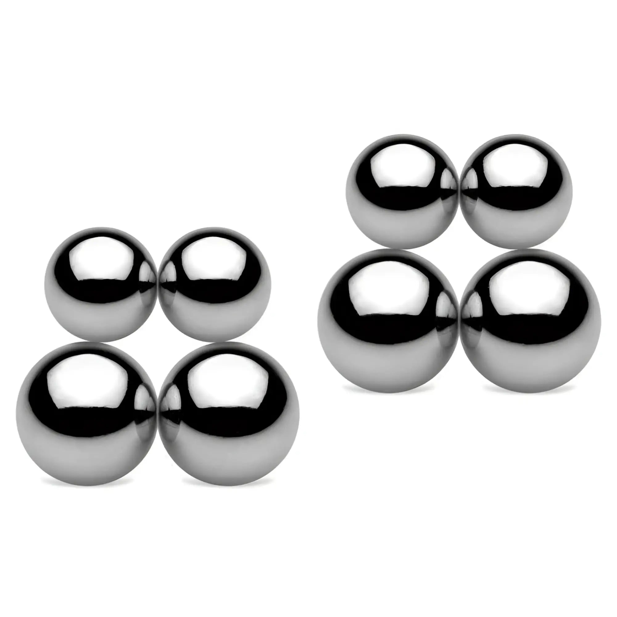 Master Series Magnus Magnetic Orbs: Eight polished, chrome-finished magnetic spheres arranged in two square clusters.