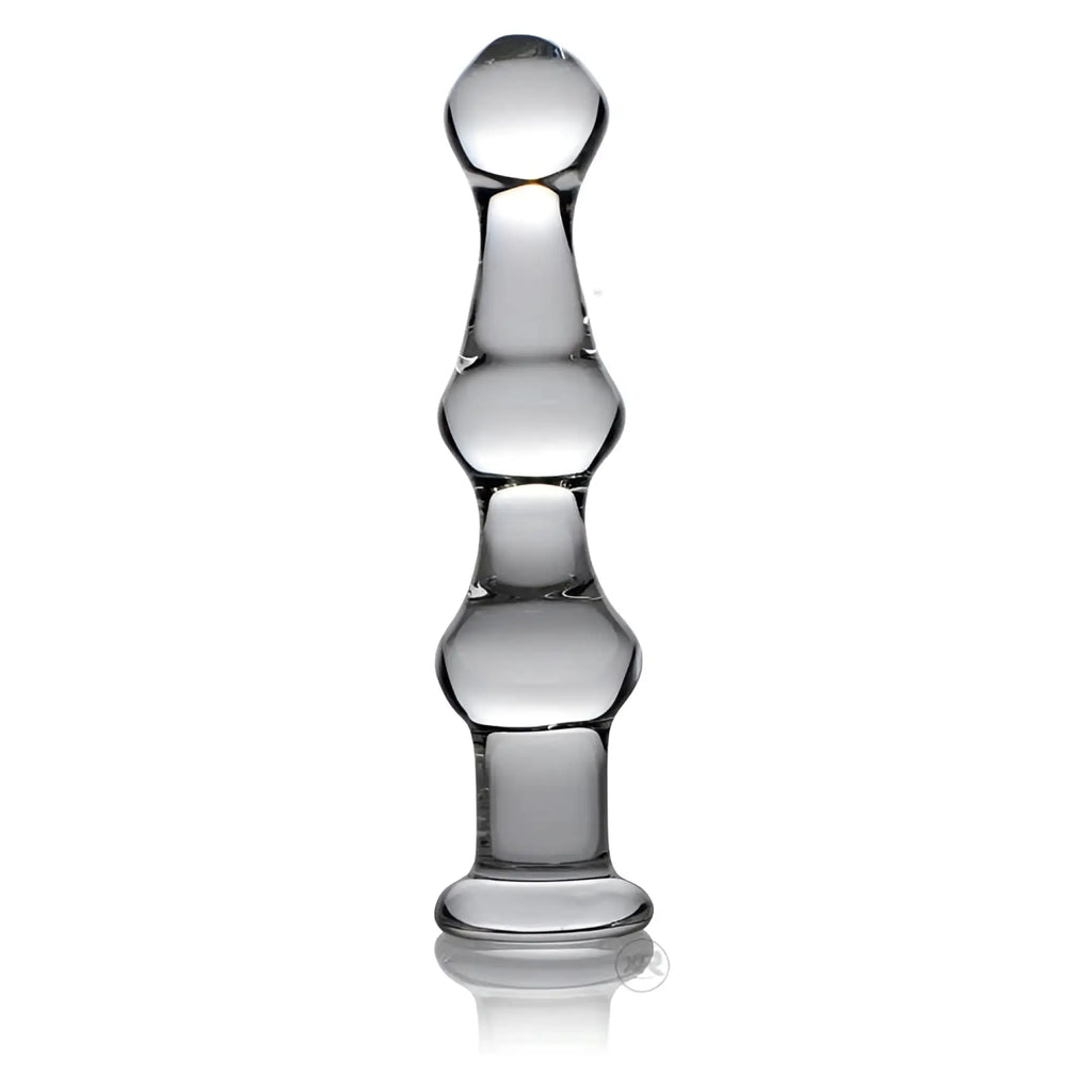 Master Series Mammoth Glass Dildo: A clear, multi-beaded glass dildo with a flared base on a white background.