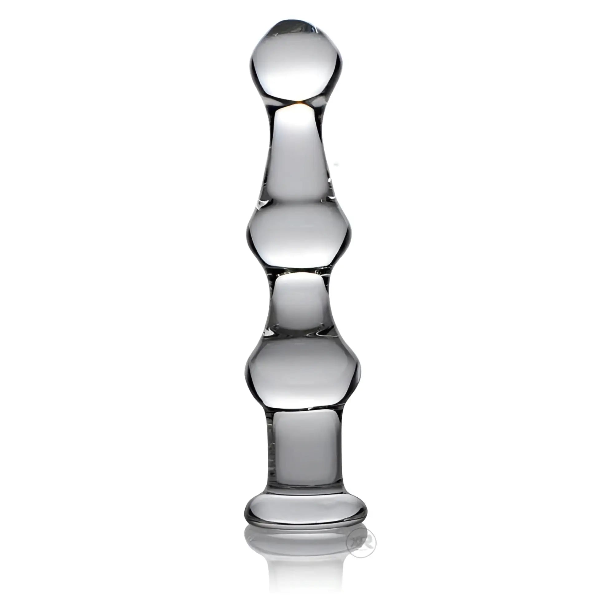Master Series Mammoth Glass Dildo: A clear, multi-beaded glass dildo with a flared base on a white background.