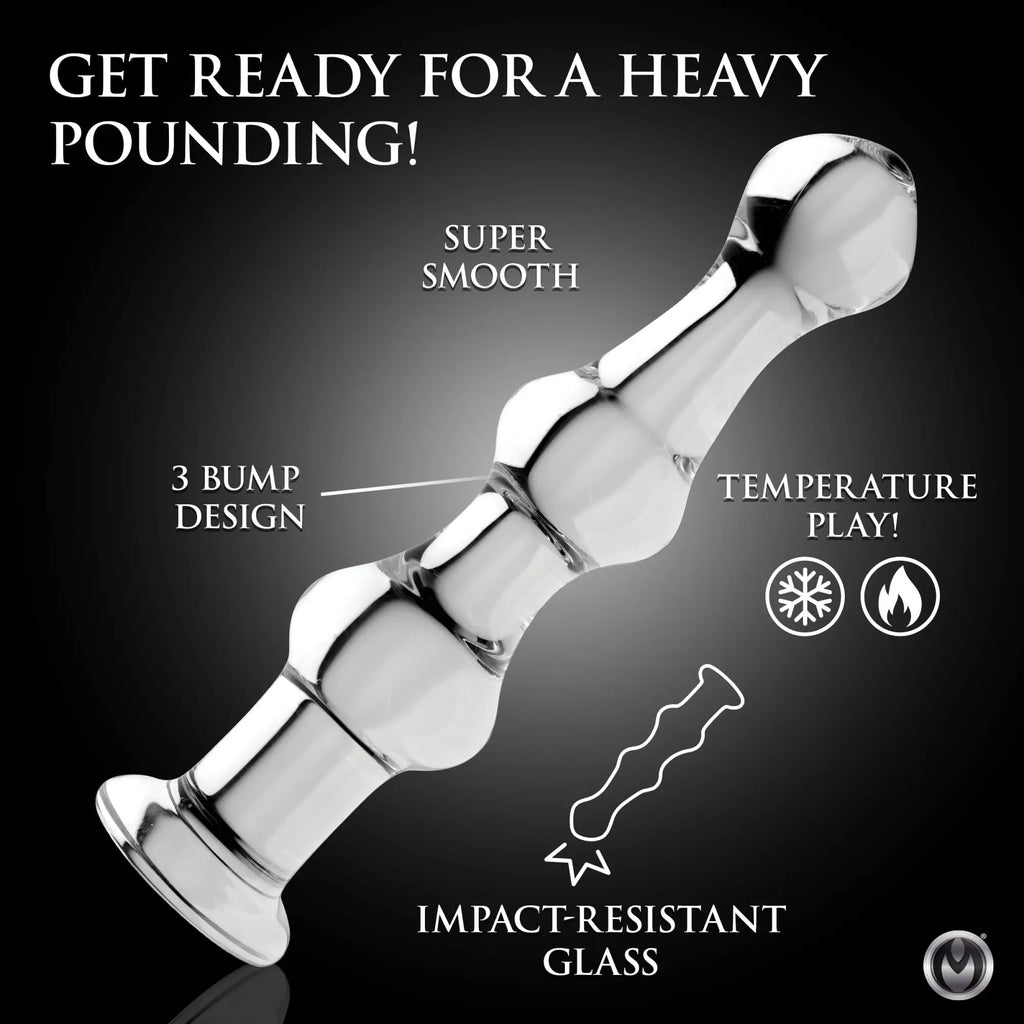 Clear Master Series Mammoth glass dildo with a smooth, 3-bump design on a black background.