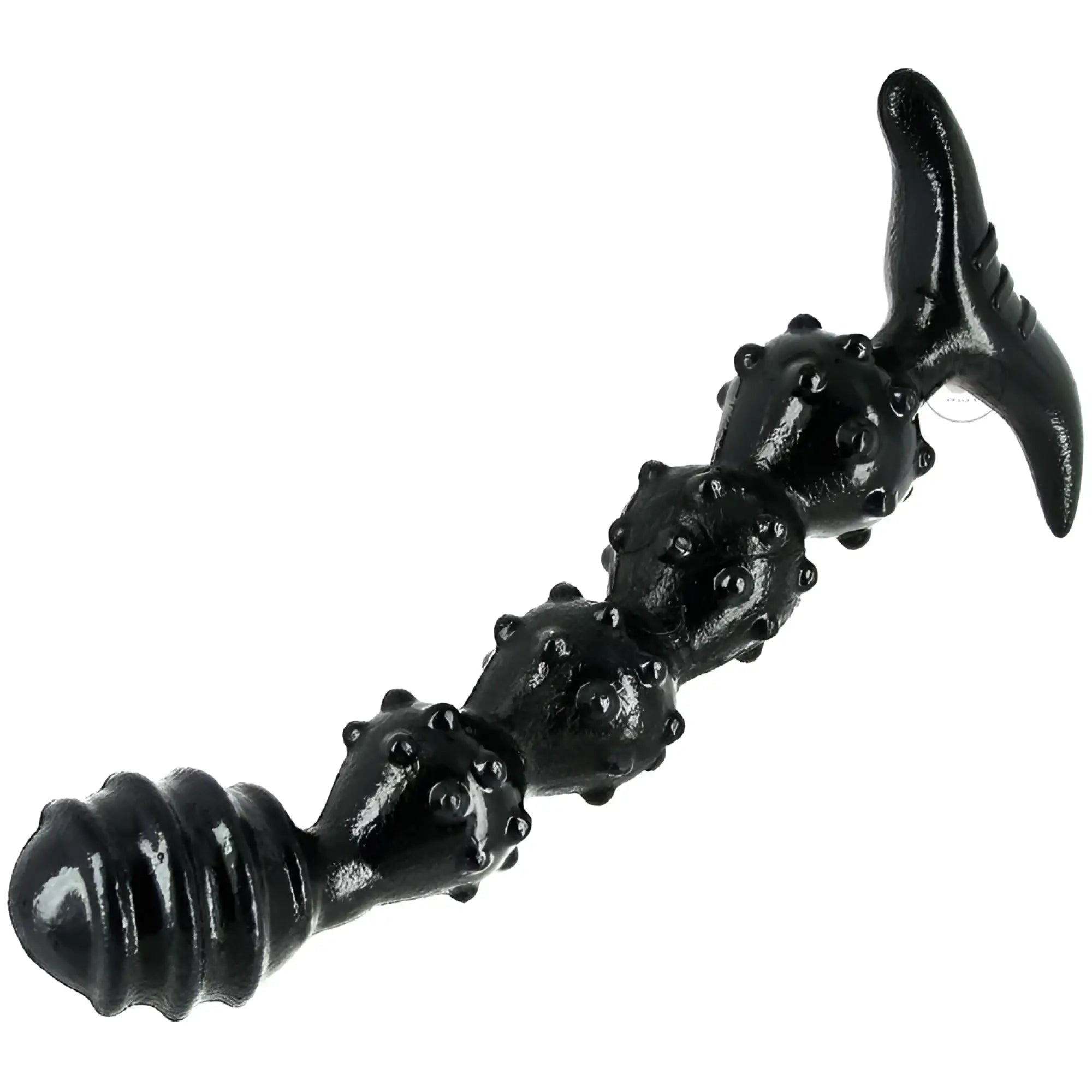 Black Master Series Manticore anal plug with a ribbed, studded shaft and a T-shaped base on a white background.
