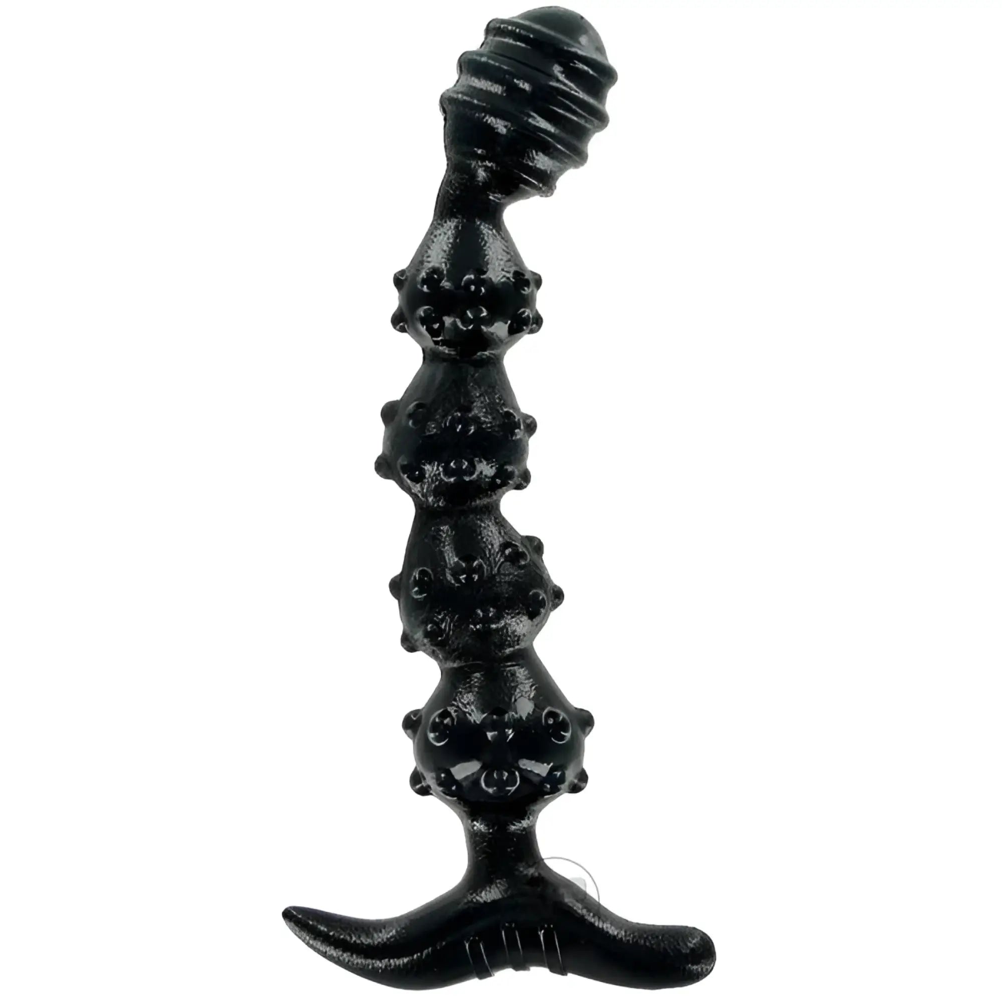 Master Series Manticore black silicone anal plug with a textured, multi-beaded shaft and a wide, curved base.