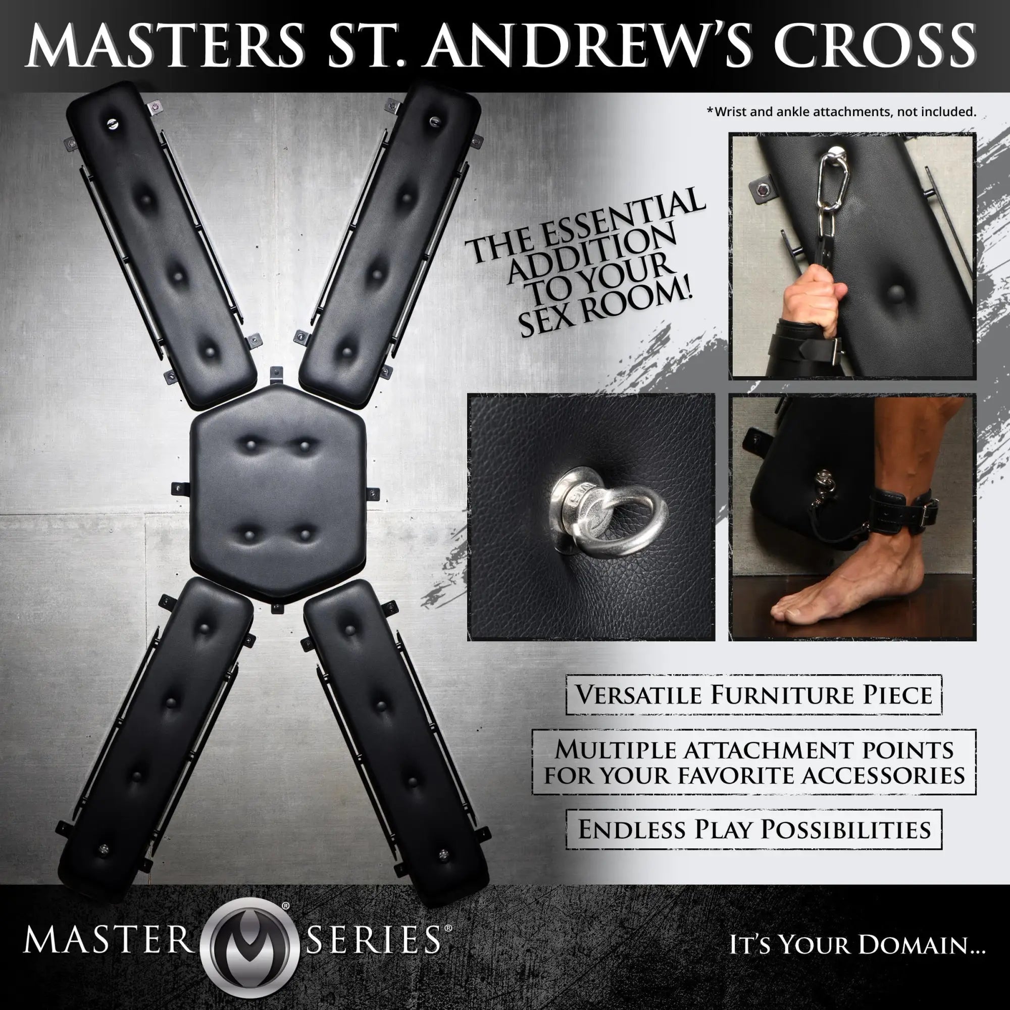 Master Series St. Andrew's Cross: A padded black leather X-shaped restraint board with metal attachment D-rings.