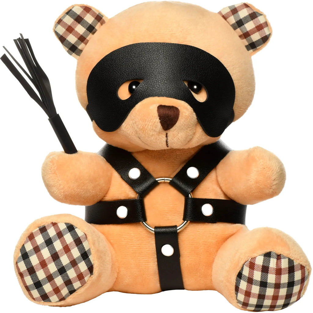 Master Series Master's Teddy Bear, a tan plush bear wearing a black eye mask, leather harness, and holding a crop.