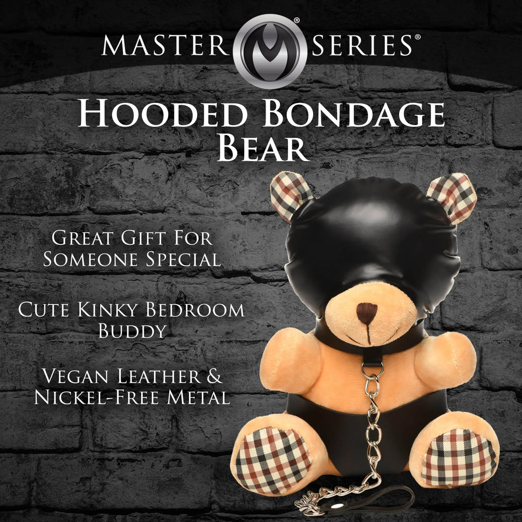 Master Series Hooded Bondage Bear: A tan plush bear with plaid accents, wearing a black vegan leather hood and collar.