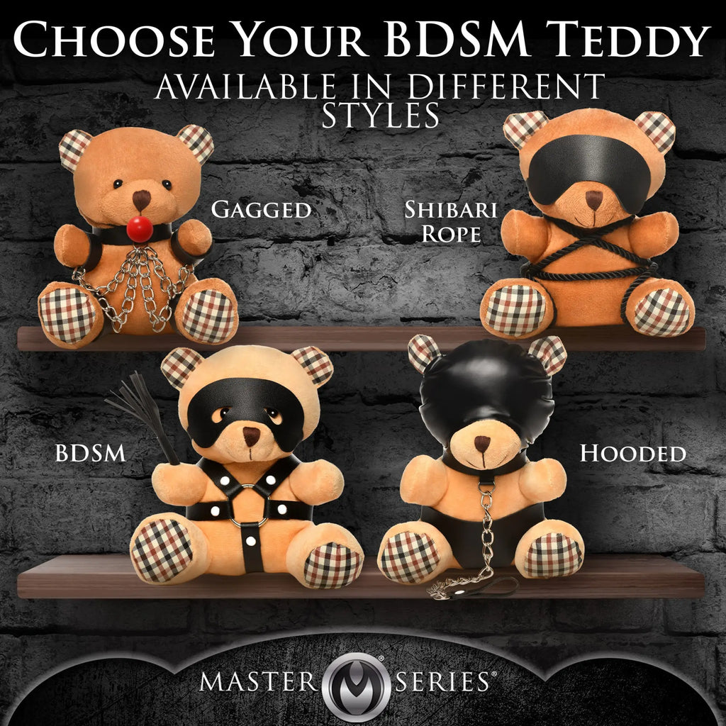 Four Master Series Master's Teddy Bears with plaid accents, featuring various BDSM-themed accessories and gear.