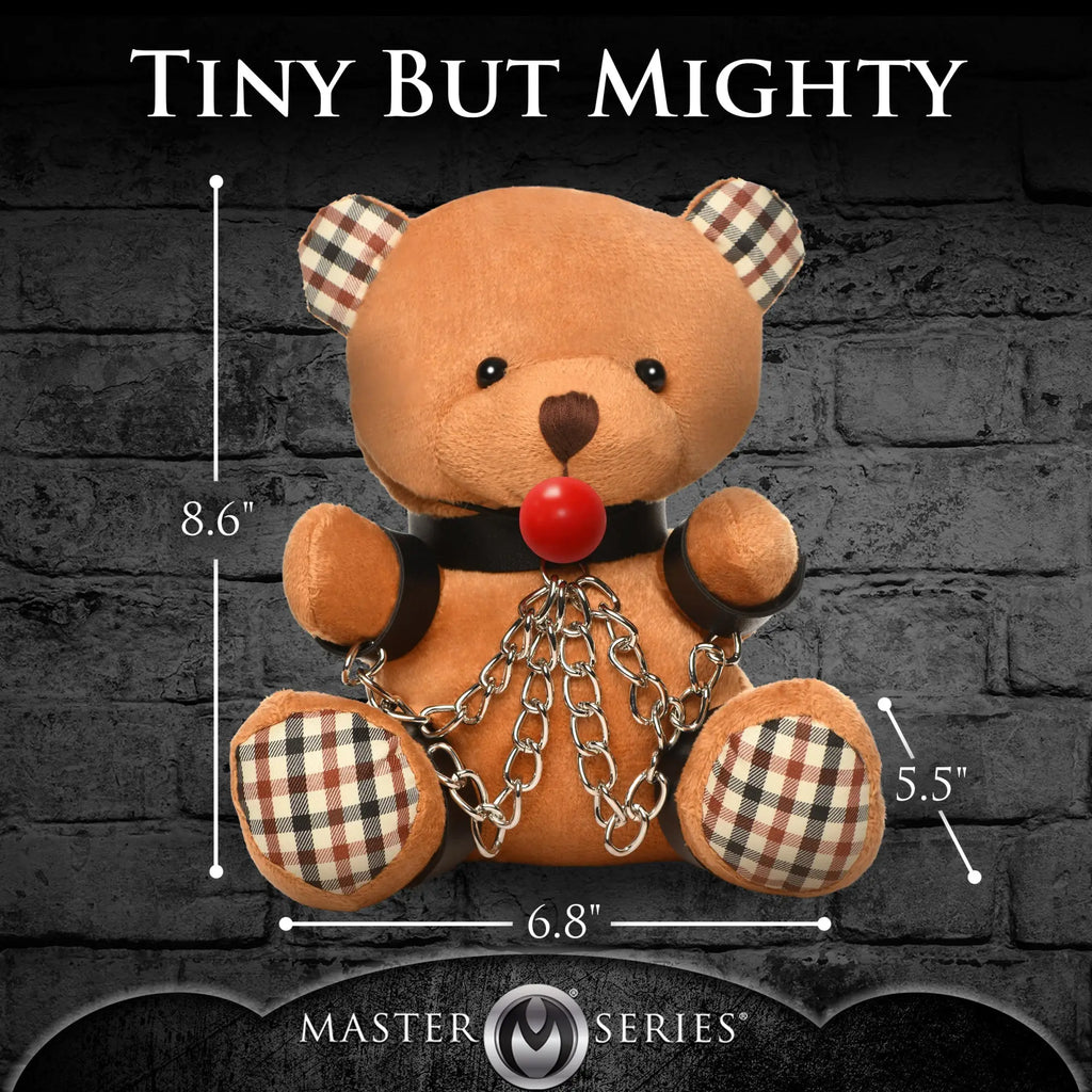 Master Series Master's Teddy Bear, a tan plush bear with plaid accents, ball gag, faux leather cuffs, and metal chains.