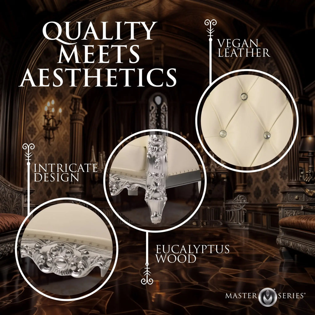 Master Series Master's Throne: Cream vegan leather chair with crystal tufting and ornate silver eucalyptus wood legs.