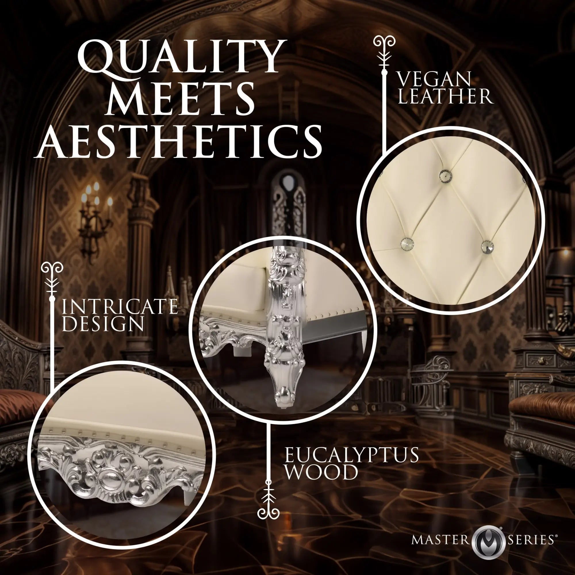 Master Series Master's Throne: Cream vegan leather chair with crystal tufting and ornate silver eucalyptus wood legs.
