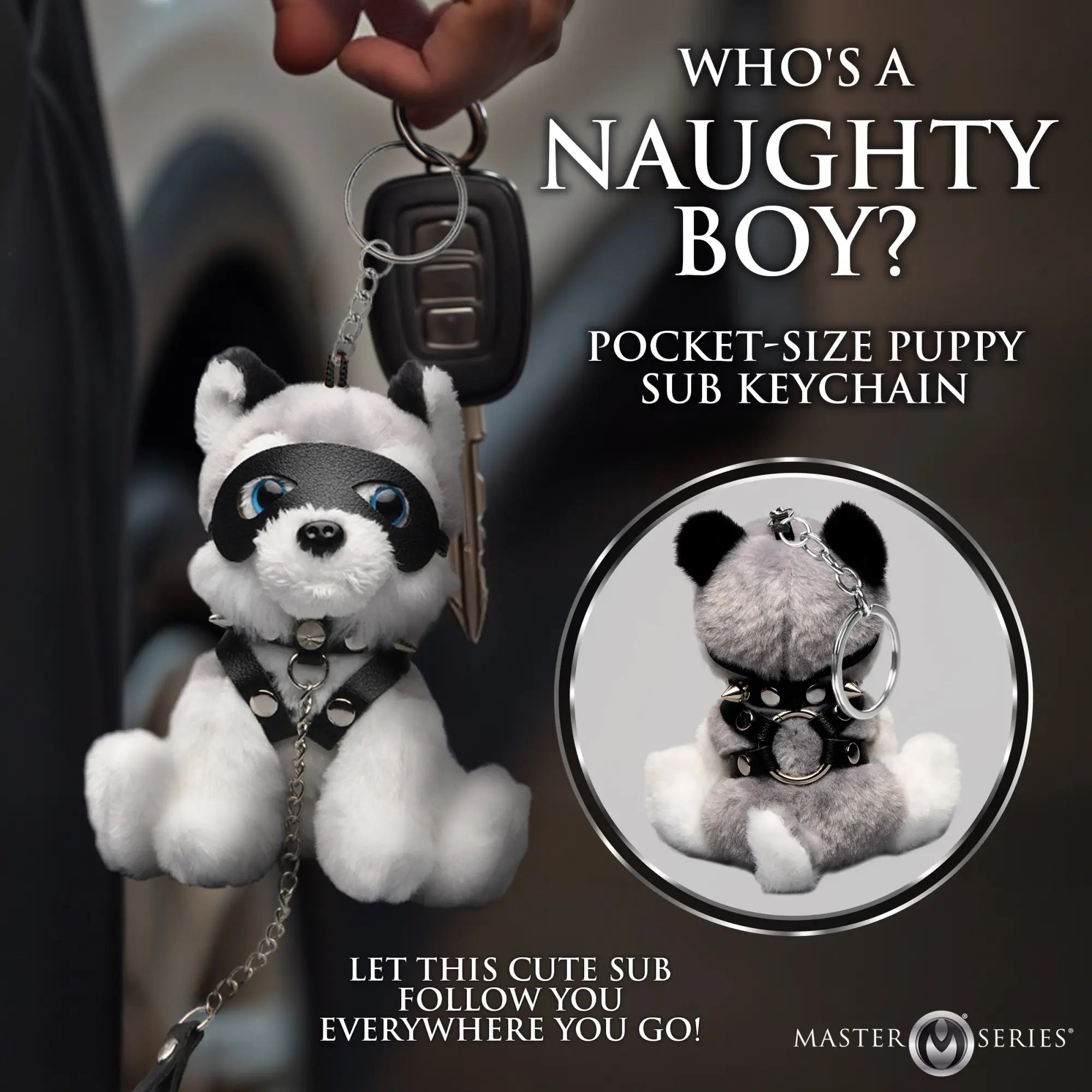 Master Series Max the Fetish Pup keychain: a plush grey-and-white puppy wearing a black leather mask and spiked collar.