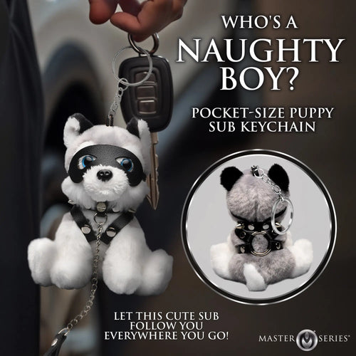 Master Series Max the Fetish Pup keychain: a plush grey-and-white puppy wearing a black leather mask and spiked collar.