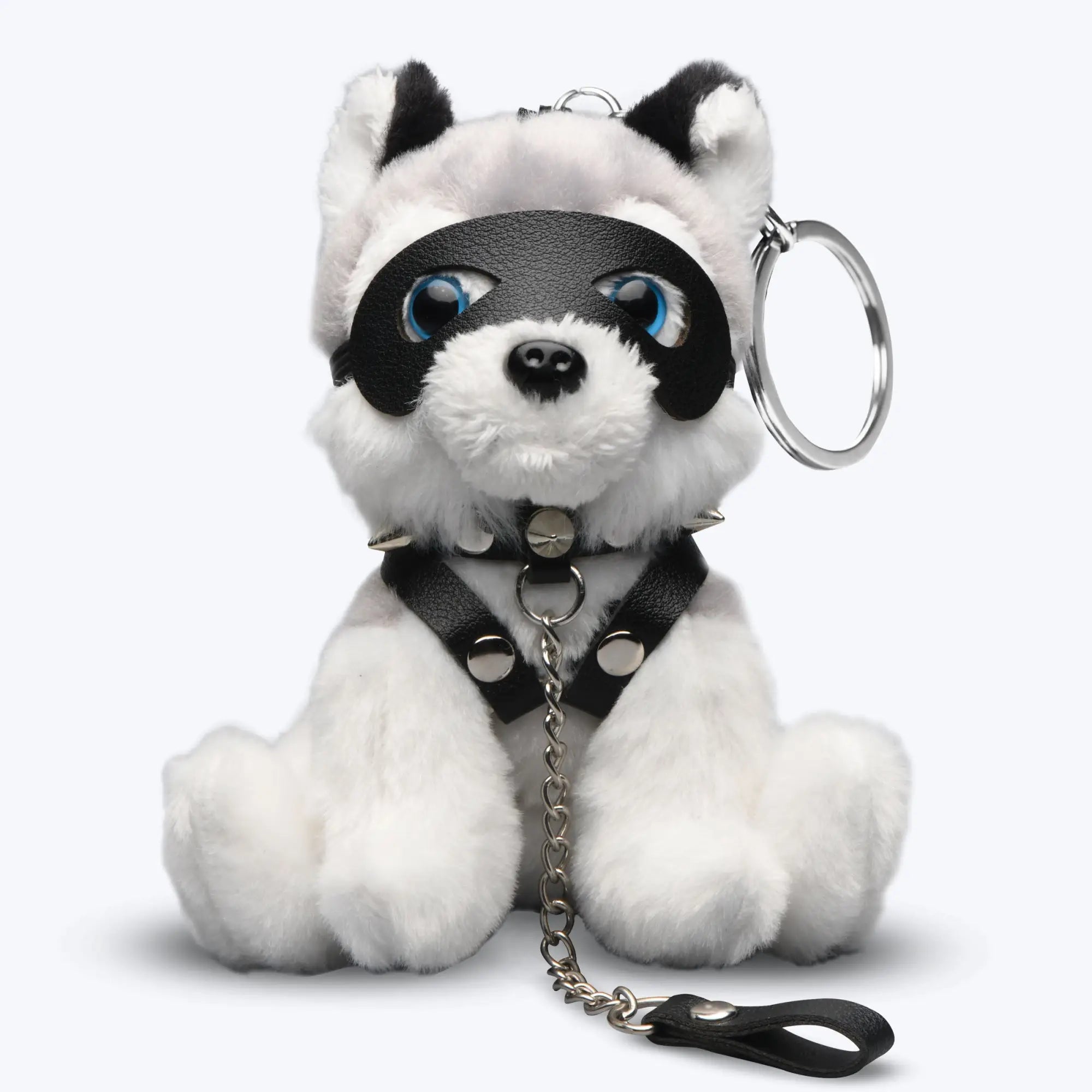 Master Series Max the Fetish Pup plush keychain, a white/grey husky wearing a leather mask, spiked collar, and chain.