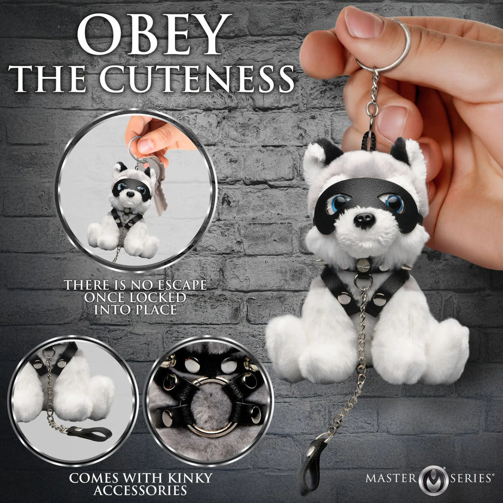 Master Series Max the Fetish Pup plush keychain: white puppy in a black leather mask, collar, and harness with a leash.