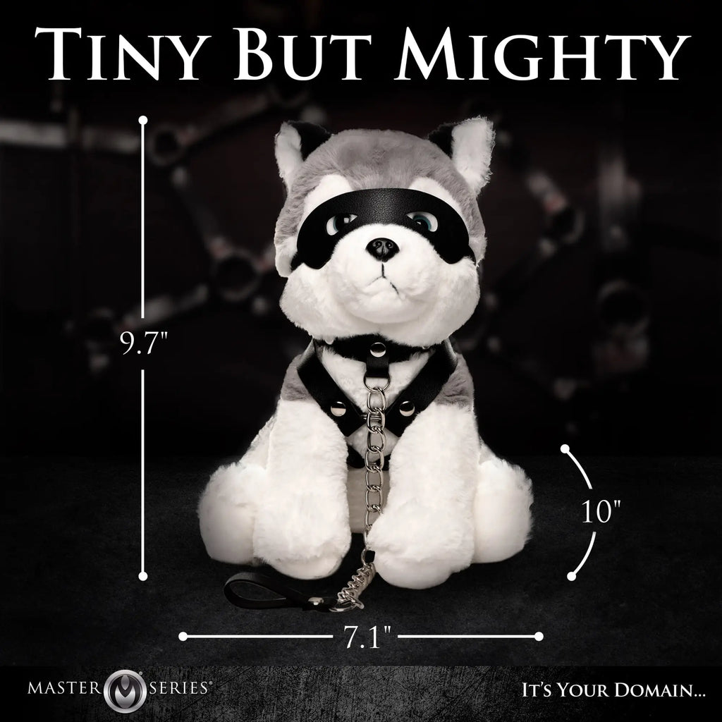 Master Series Max the Fetish Pup: A plush gray-and-white husky wearing a black leather mask, collar, and leash.