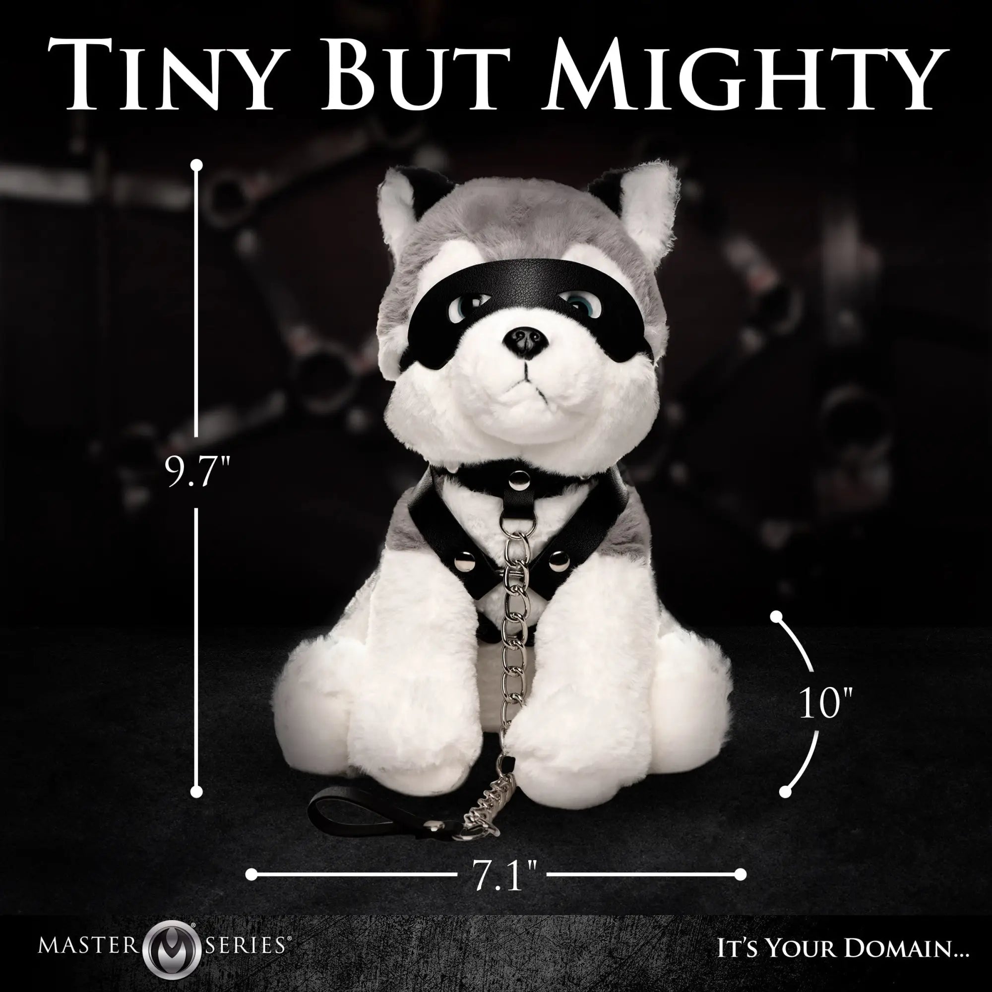 Master Series Max the Fetish Pup: A plush gray-and-white husky wearing a black leather mask, collar, and leash.