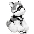 Master Series Max the Fetish Pup: A plush grey-and-white husky toy wearing a black leather mask, harness, and leash.