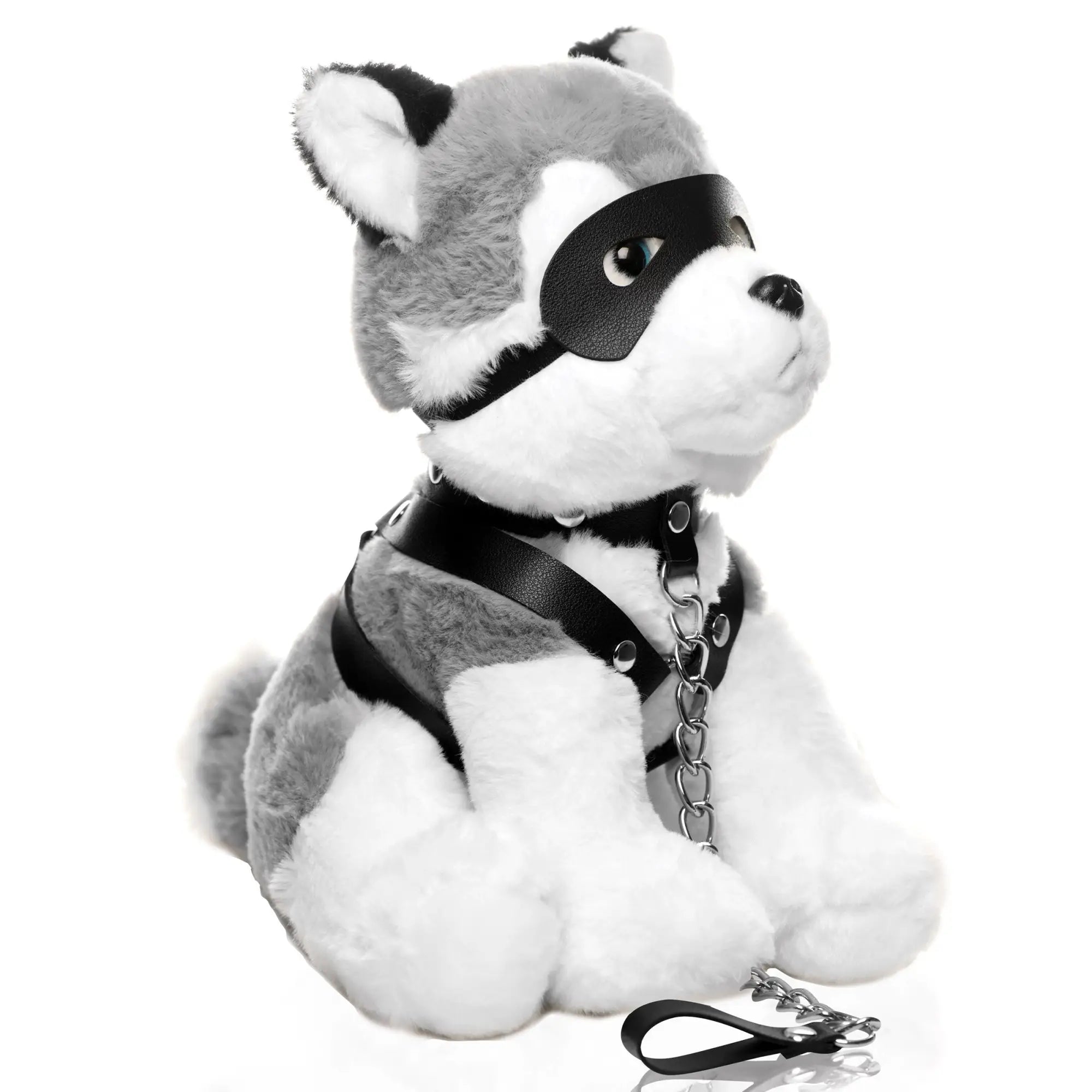 Master Series Max the Fetish Pup: A plush grey-and-white husky toy wearing a black leather mask, harness, and leash.