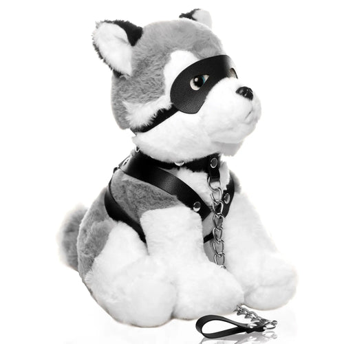 Master Series Max the Fetish Pup: A plush grey-and-white husky toy wearing a black leather mask, harness, and leash.