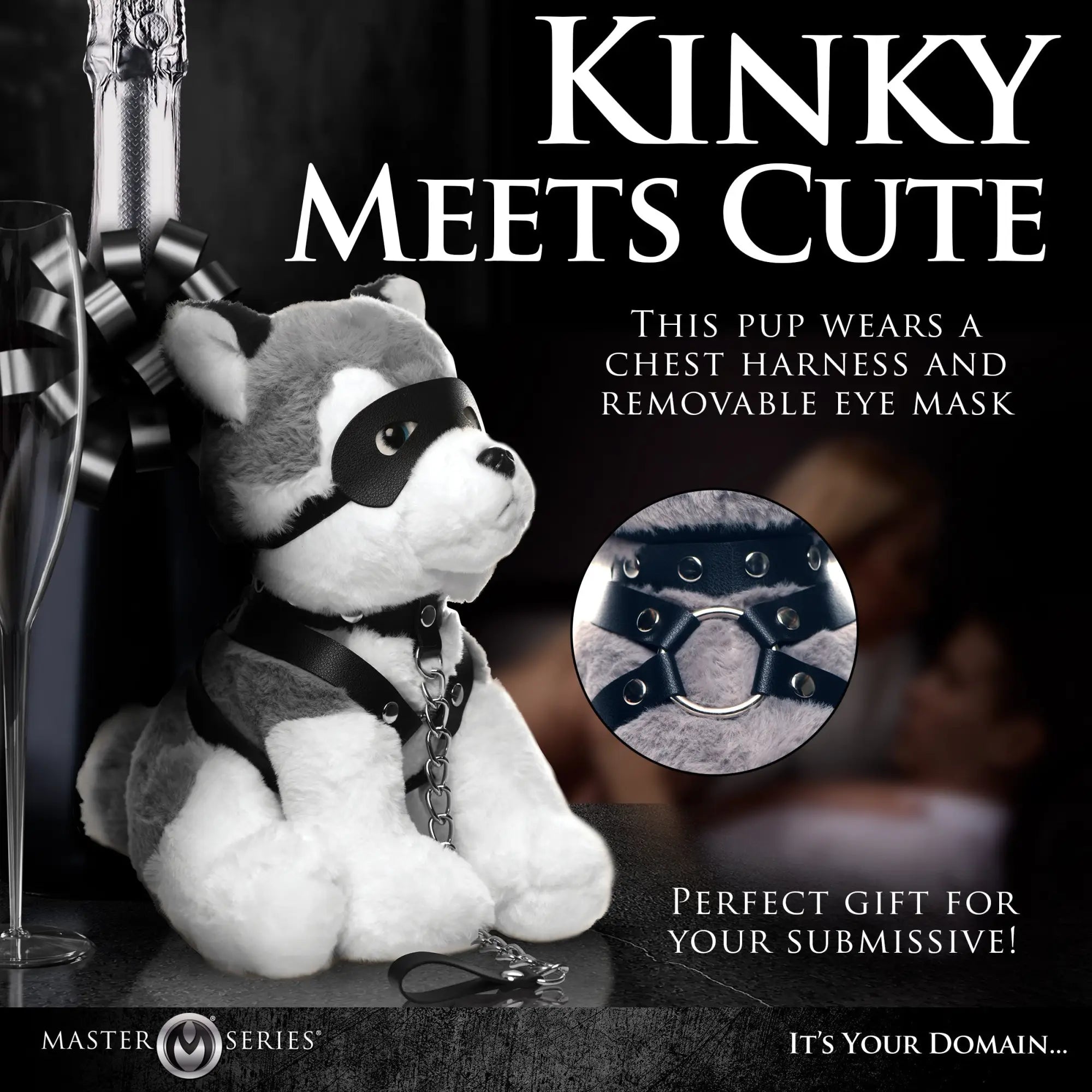 Master Series Max the Fetish Pup: a gray and white plush dog wearing a black leather eye mask, harness, and chain.