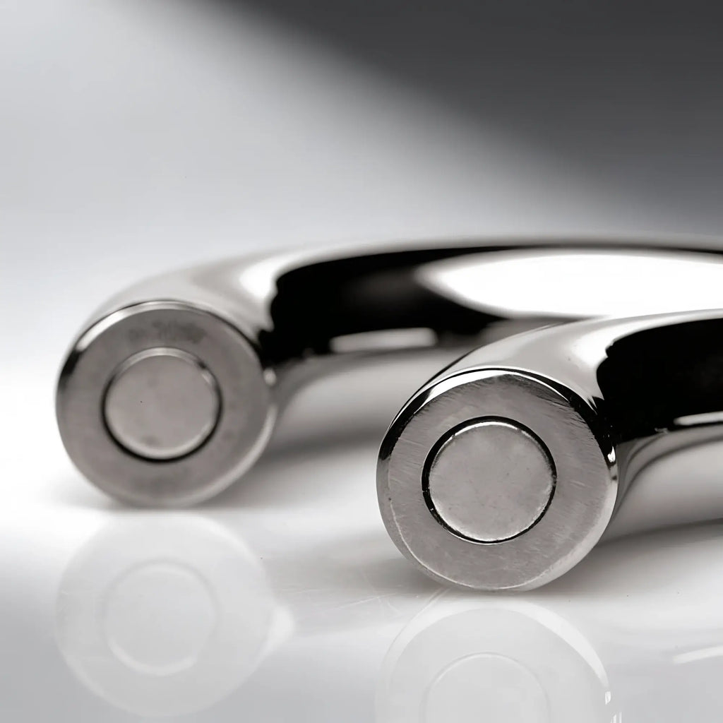 Master Series Mega Magnetize silver stainless steel cock ring with circular magnetic clasps on a reflective surface.