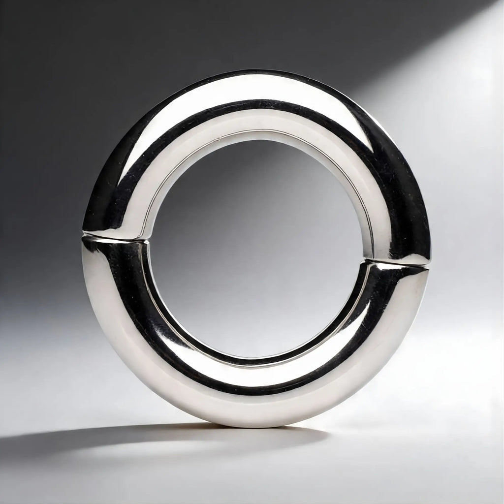 Master Series Mega Magnetize: A polished, silver-colored stainless steel magnetic cock ring in a circular design.