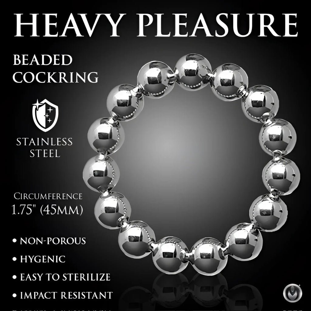 Master Series Meridian stainless steel ball-bearing cock ring, featuring a polished, circular beaded design.