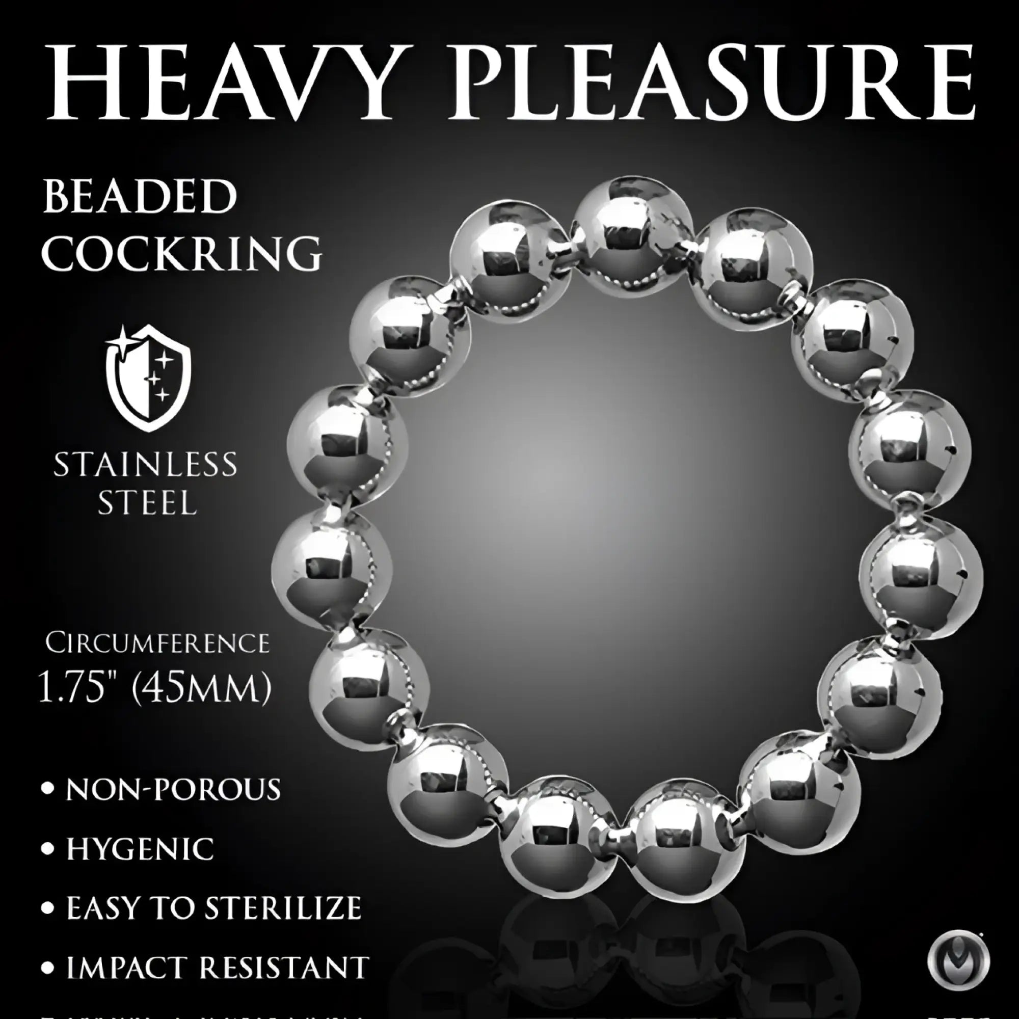 Master Series Meridian stainless steel ball-bearing cock ring, featuring a polished, circular beaded design.