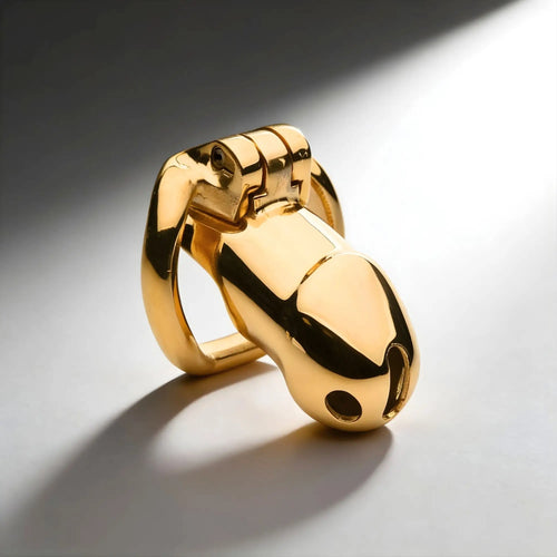 Master Series Midas 18K gold-plated locking chastity cage in a smooth, polished, minimalist metal design.