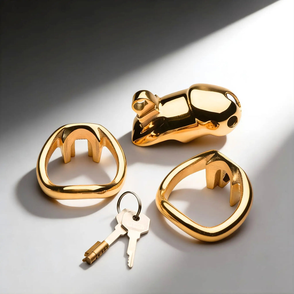 Master Series Midas 18K gold-plated locking chastity cage set with two rings, a curved cage, and two keys on a ring.
