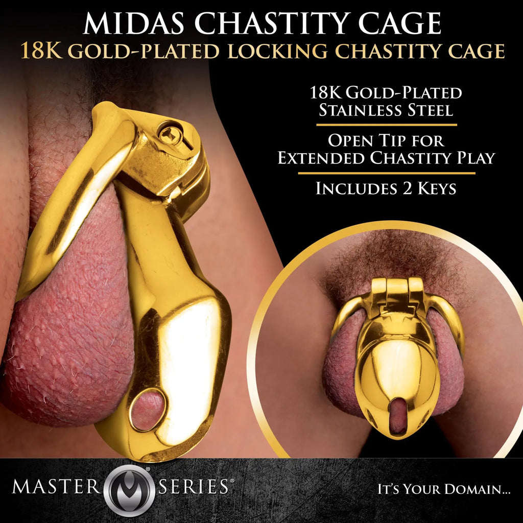 Master Series Midas 18K gold-plated stainless steel locking chastity cage shown in use from side and front angles.