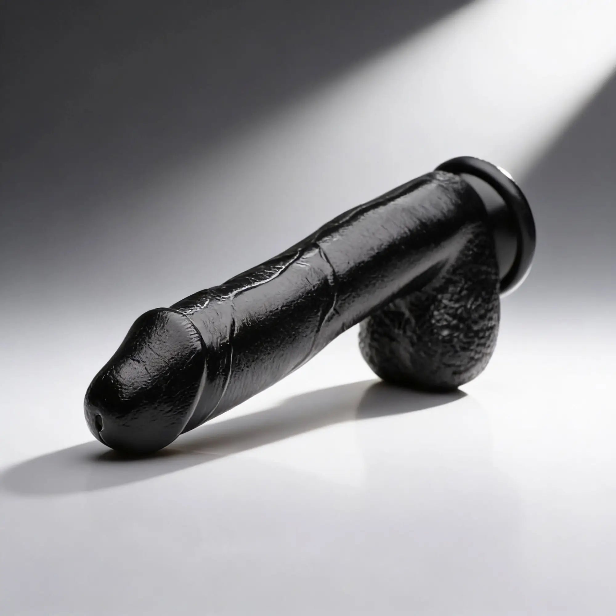 Master Series Mighty Midnight 10-inch black dildo with realistic texture, veining, and a sturdy base suction cup.