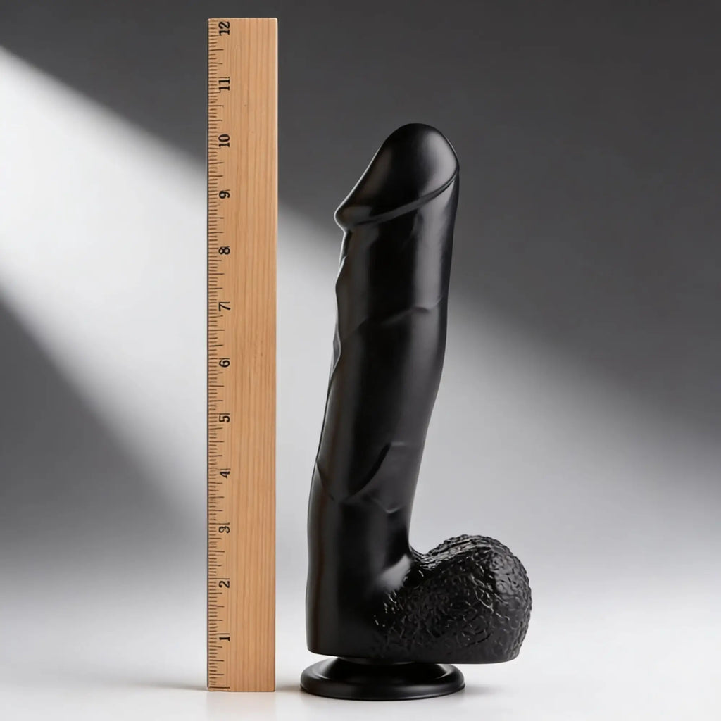 Master Series Mighty Midnight dildo in matte black, with textured base and suction cup, next to a 12-inch ruler.