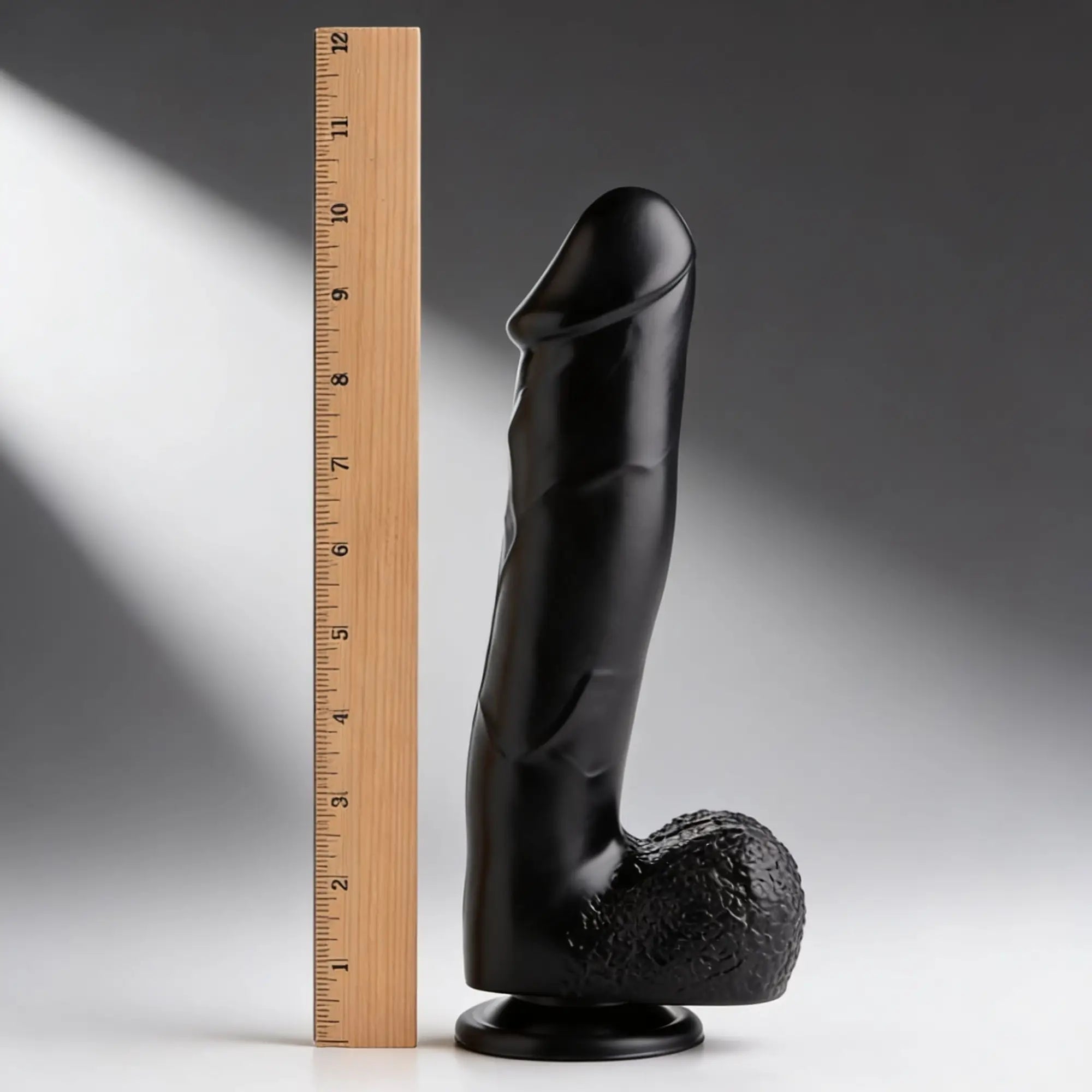 Master Series Mighty Midnight dildo in matte black, with textured base and suction cup, next to a 12-inch ruler.