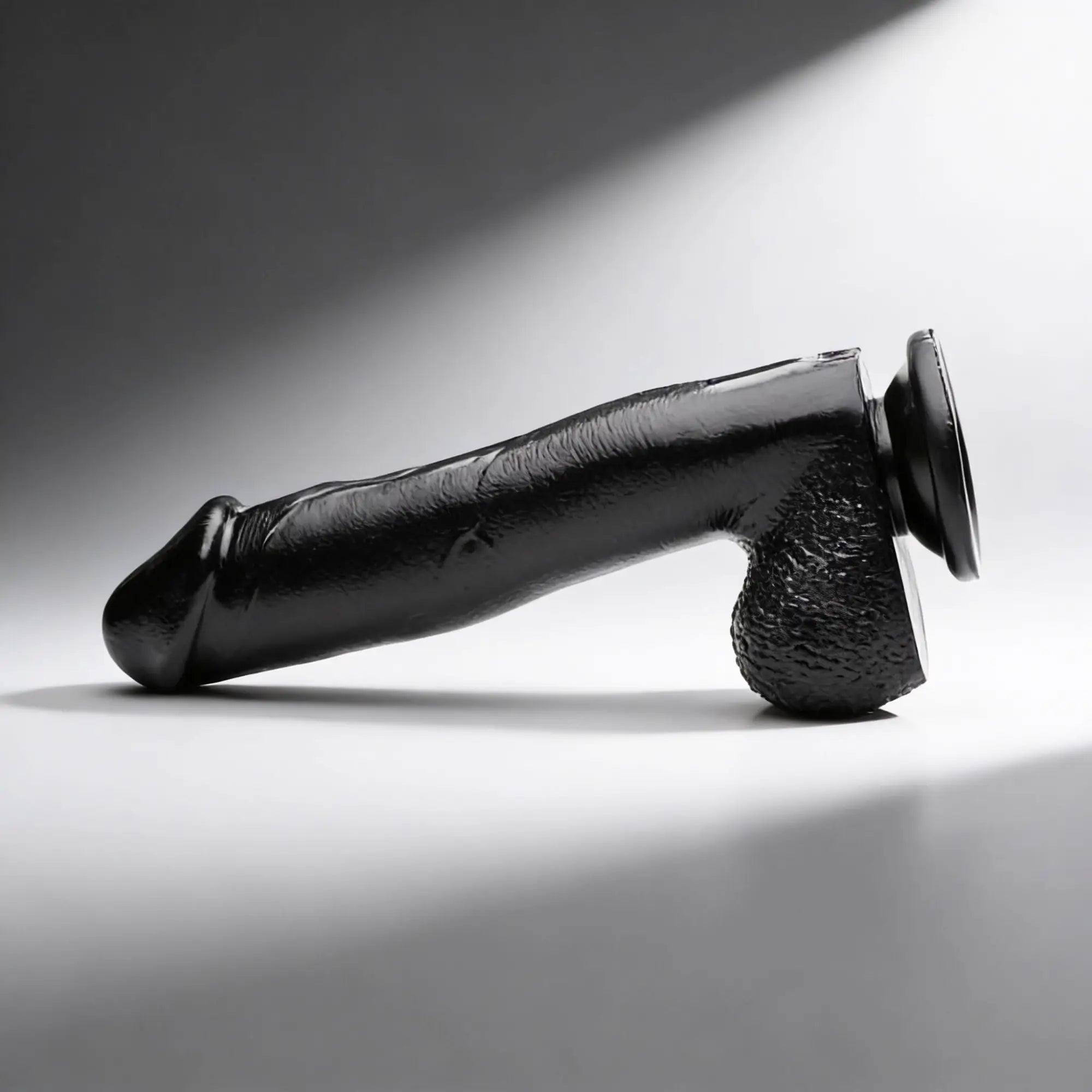 Master Series Mighty Midnight 10-inch dildo in black, featuring a realistic phallic design and a sturdy suction cup base.